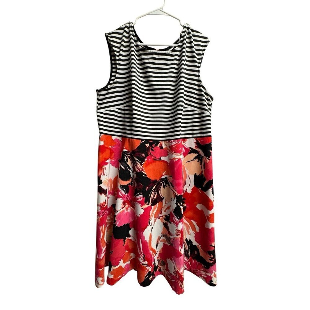 Sandra Darren Fit & Flare Dress Striped Floral Plus 18W Stretch Knee